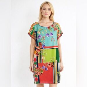 Johnny Was 100% Silk Patchwork Short Sleeve Tunic Dress Casual Career size S